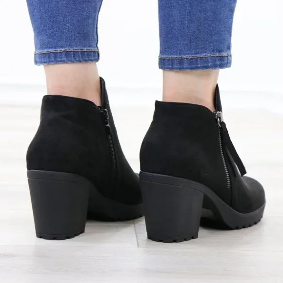 Black Chunky Heel Ankle Boots Suede Lug High Heel Booties - Picture 11 of 15